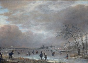 Paisagem de inverno com patinadores em um rio congelado (óleo no painel) de Aert van der Neer