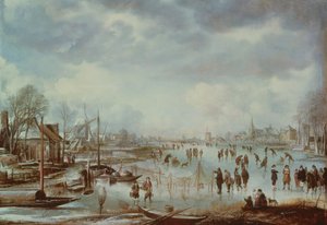 Cena de inverno com figuras patinando de Aert van der Neer