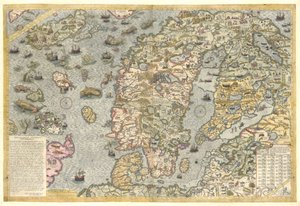 Uma reprodução fiel de Carta marina (um mapa mural da Escandinávia por Olaus Magnus publicado em 1539) de After Olaus Magnus