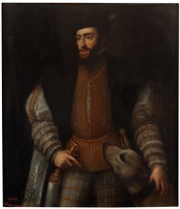 Espanhol:  El emperador Carlos V con un perro O imperador Carlos V com um cão