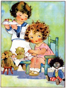 Raparigas a brincar ao jantar, c.1920 (ilustração) de Agnes Richardson