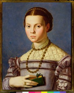 Retrato, de, um, menina jovem, segurando, um, livro, c.1545, (tempera, ligado, panel)