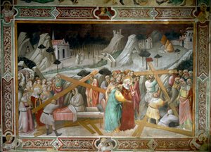 A lenda da verdadeira cruz: "Santa Helena (248-328), a mãe do Imperador Romano Constantino I (272-337) descobre a Santa Cruz na Palestina" Fresco de Agnolo Gaddi (cerca de 1350-1396). Igreja de Santa Croce, Florença, do século XIV.