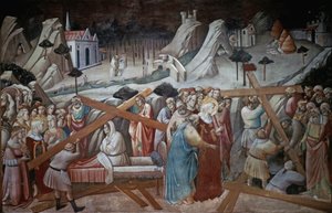 Santa Helena escava para encontrar a Verdadeira Cruz, do Ciclo da Lenda da Verdadeira Cruz, de Agnolo Gaddi, capela da Basílica de Santa Croce, Florença, c.1380