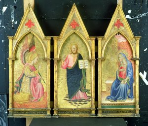 O Arcanjo Gabriel; Cristo Redentor; A Virgem Anuncia em painéis dourados, de Agnolo Gaddi