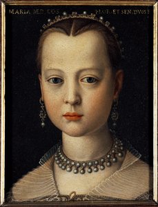 Retrato de Maria de Medici (1540-1557) filha de Cosimo I de Toscana (Cosimo I de Medici) (1519-1574) (Retrato de Maria de Medici filha de Cosimo I de Medici, Grão-Duque da Toscana) Pintura de Bronzino (Agnolo di Cosimo) (1503-1572) 1551 Dim 15x12 c de Agnolo Bronzino
