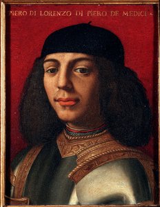 Retrato de Pedro II de Medici (1472-1503) (Piero di Lorenzo de Medici ou Piero o Infeliz) político e militar italiano, filho de Laurent, a Magnífica Pintura de Agnolo Allori chamada Bronzino (1503-1572), óleo sobre cobre Dim 15x12 cm Palazzo M de Agnolo Bronzino