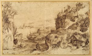 Vista para baixo de um porto fortificado (caneta e tinta castanha sobre papel) de Agostino (attr. to) Carracci