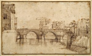 A Isola Tiberiana, Roma (caneta e tinta marrom sobre papel) de Agostino (attr. to) Carracci