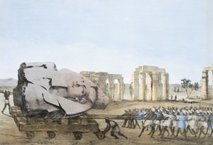 Modo em que a cabeça do Young Memnon foi retirada, de Placas ilustrativas das Investigações no Egipto e Núbia,Giovannie Battista Belzoni, Pub. 1822 (litogravura a cores)