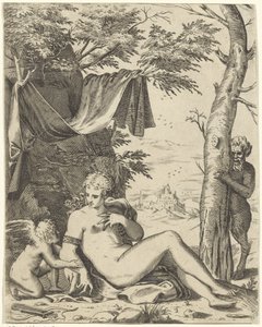 Vênus, amor em sáter de Agostino Carracci (attributed to)
