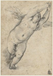 Putto voador com os braços levantados de Agostino Carracci (attributed to)
