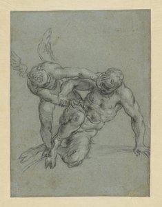 Cupido dominando Pan (frente); cabeça de monge; caricatura de um homem de perfil (verso) de Agostino Carracci
