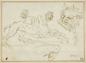 Quatro Esboços: Griffin, Grotesque Head, Head of Satyr, Bent Leg de Agostino Carracci