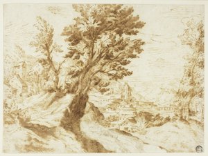 Paisagem montanhosa com cidade à distância de Agostino Carracci