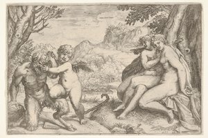 O amor conquista todo Omnia vincit Amor, em uma luta com um sátiro, Amor coloca seu caminho certo ..., 1599.