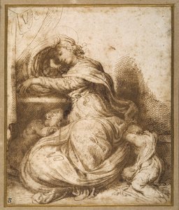 Madonna e Criança com São João, todas a dormir (caneta e tinta castanha e lavagem castanha) de Agostino Carracci