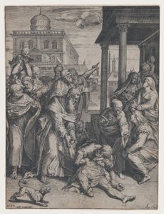 São Paulo levantando Pátroclo que está no chão, cercado por um grupo de curiosos, ..., 1583. de Agostino Carracci