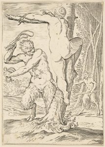 Sátiro chicoteando uma ninfa, c.1590-95 de Agostino Carracci