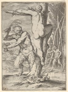 Sátiro chicoteando uma ninfa, que é mostrada por trás e amarrada a uma árvore, uma segunda saty ..., ca. 1590-95.