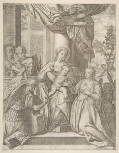 O casamento místico de Santa Catarina, que está no centro do menino Cristo, anjos com ..., 1585. de Agostino Carracci