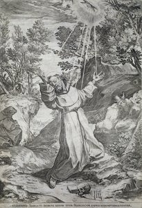A estigmatização de São Francisco na montanha La Verna (1224) de Agostino Carracci