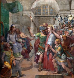Paixão: "Cristo diante de Pôncio Pilatos (Pôncio Pilatos)". Fresco por Agostino Ciampelli (1577-1642) 1594-1600 Roma, Basílica de Santa Prassede de Agostino Ciampelli