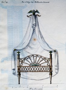 Canopy cama para Alexander Saracens, de Lavori di falegname e Fabbro ideati e disegnati da me Agostino Fantastici (Obras de carpinteiro e serralheiro concebidas e desenhadas por mim Agostino Fantastici), manuscrito 3, placa 18 (1782-1845) de Agostino Fantastici