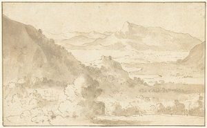 Paisagem montanhosa com um lago e um castelo de Agostino Tassi (possibly)