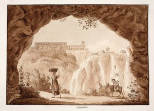 As cachoeiras no Tivoli, 1833 (gravura com lavagem marrom) de Agostino Tofanelli