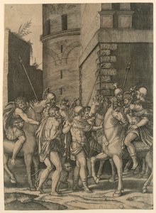 Um imperador romano encontrando um soldado de Agostino Veneziano