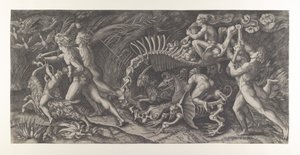 Lo Stregozzo: uma feiticeira montada em um esqueleto de animal, precedida por dois homens e ..., ca. 1515-25.