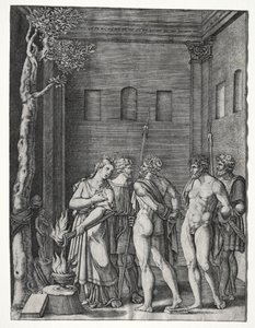 Orestes e Pílades trazidos para Ifigênia para sacrifício de Agostino Veneziano