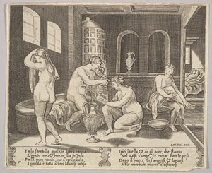 Ilustração 7: Psique atendida em seu banho por ninfas, ao fundo à direita Psique repr..., ca. 1520-36.