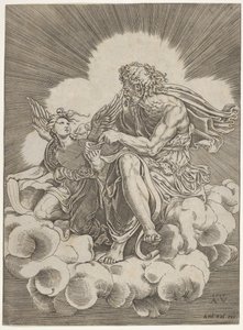 São Mateus, sentado em uma nuvem e mergulhando uma pena em um tinteiro realizado por um anjo ..., ca. 1518-20.