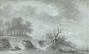 Riverscape com uma cachoeira de Aignan Thomas Desfriches