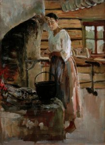 Mulher está cozinhando peixe branco de Akseli Valdemar Gallen-Kallela