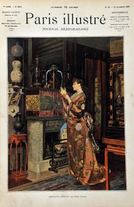 Chinês Trinkets Uma mulher europeia vestida de orientale observa a sua colecção de objectos chineses. Ilustração de Albert Aublet (1851-1938). Gravura de 1887 no "Paris-Illustrous journal weekly".