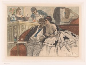 Homem e mulher sentados em um sofá vermelho no bar de um teatro Le gandin ivre de Albert Bertrand (attributed to)