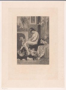 Mulher nua na beira de uma cama cercada por demônios em jogo La mero aux Satyrions de Albert Bertrand (attributed to)