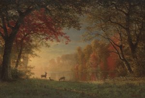 Por do sol indiano: Cervos por um lago, c.1880-90