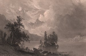 Vista do Lago Esther, Serra Nevada, Califórnia, Estados Unidos, gravura em metal aço de Robert Hinshelwood (1812-depois de 1875) após pintura de Albert Bierstadt (1830-1902), cerca de 19x14 cm de Albert Bierstadt
