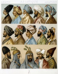 Penteados masculinos asiáticos - em "O traje histórico", de Racinet, final do século XIX