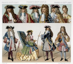 Fantasias e penteados da nobreza francesa no século XVIII. Ilustração em "Le costume historique" de Racinet