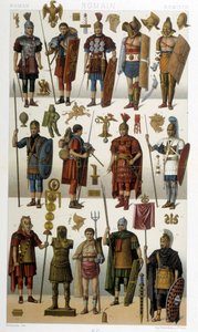 Fantasias, armaduras e armas de soldados romanos, guerreiros e gladiadores da antiguidade - em "O traje histórico" de Racinet