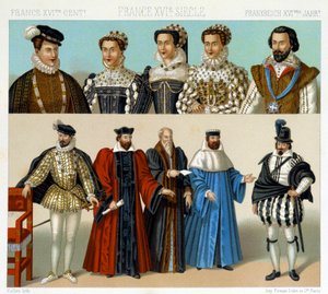 Fantasias de nobres e magistrados em França, no século XVII. Placa cromolitográfica - em "Le costume historique" de Racinet