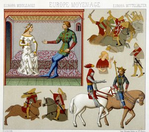 Fantasias da Idade Média em França. Placa cromolitográfica - em "Le costume historique" de Racinet de Albert Charles August Racinet