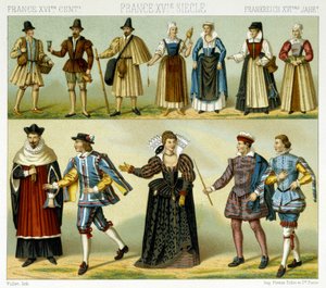 Figurinos da nobreza e trajes populares da França no século XVI. Placa cromolitográfica - em "Le figurino historique" de Racinet