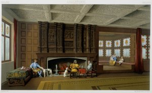 O senhor inglês e a sua família na sua casa do século XVII. Placa cromolitográfica - em "Le costume historique" de Racinet de Albert Charles August Racinet