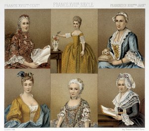 A moda feminina francesa no século XVIII. Ilustração em "Le costume historique" de Racinet de Albert Charles August Racinet
